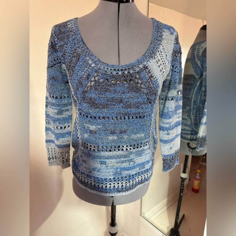 rag & bone Blue Open-crochet Knit Scoop Neck Sweater